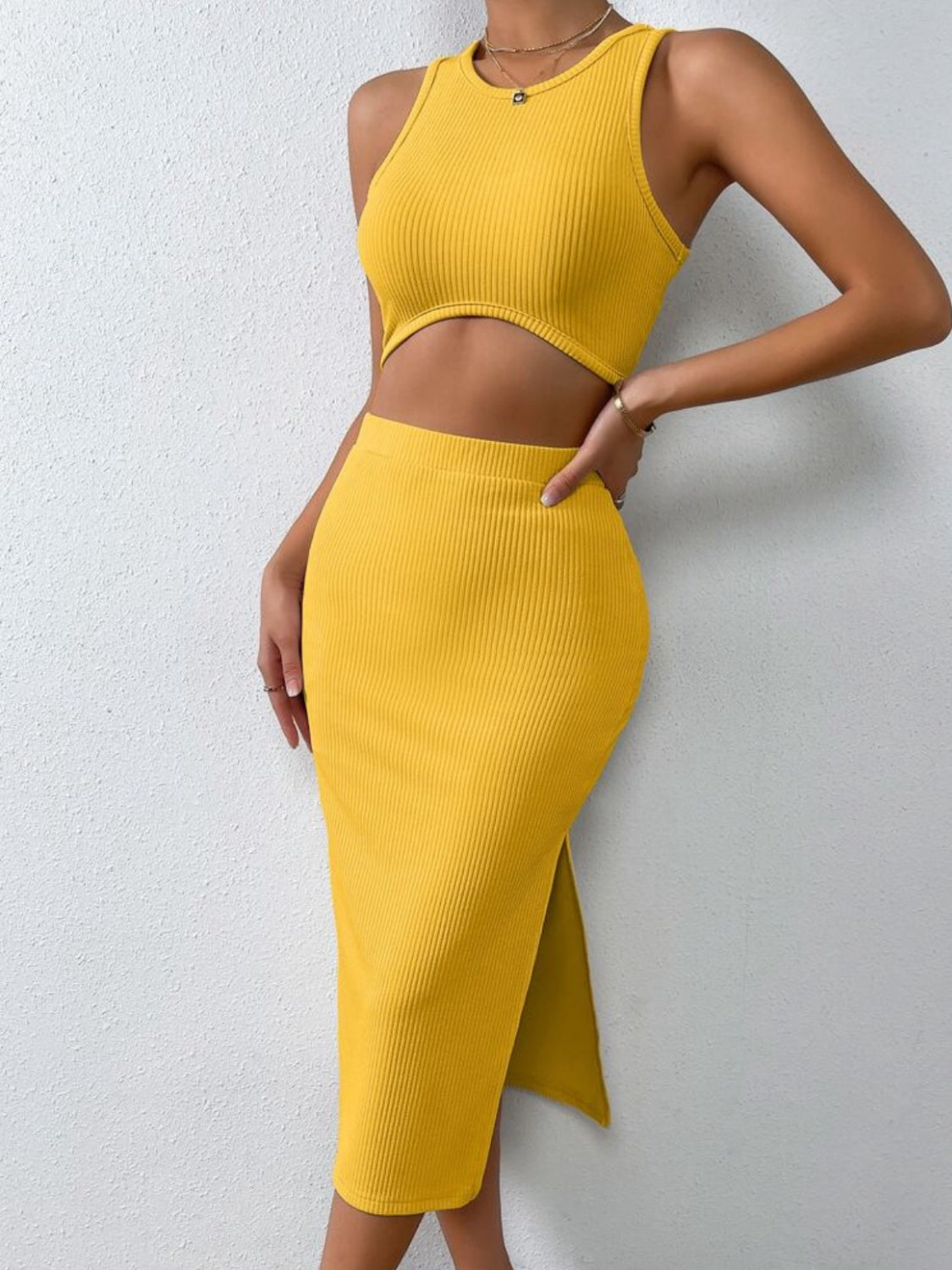 Ribbed Round Neck Tank and Slit Skirt Sweater Set - The Boutie Shop