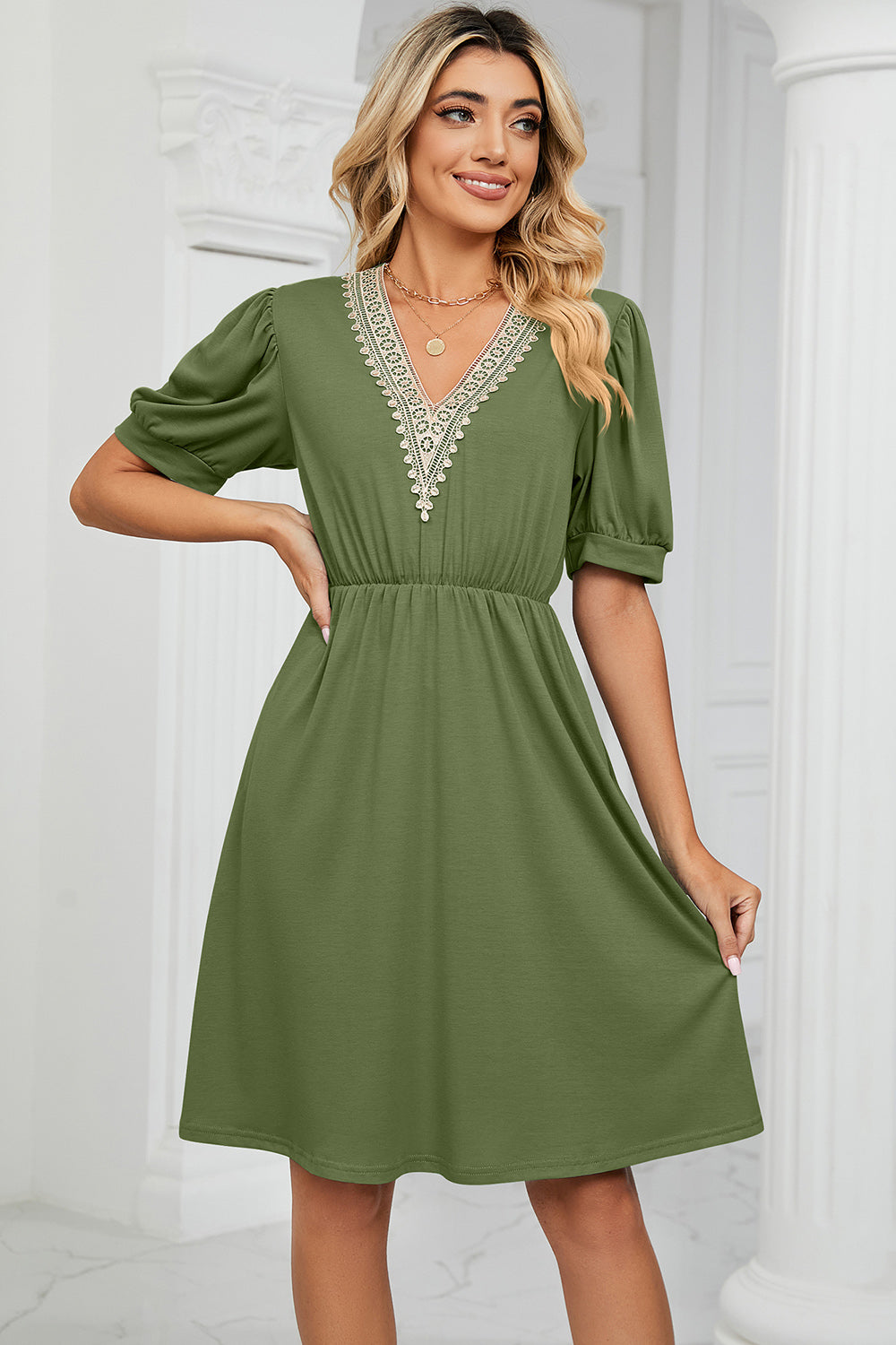 V-Neck Puff Sleeve Dress - The Boutie Shop