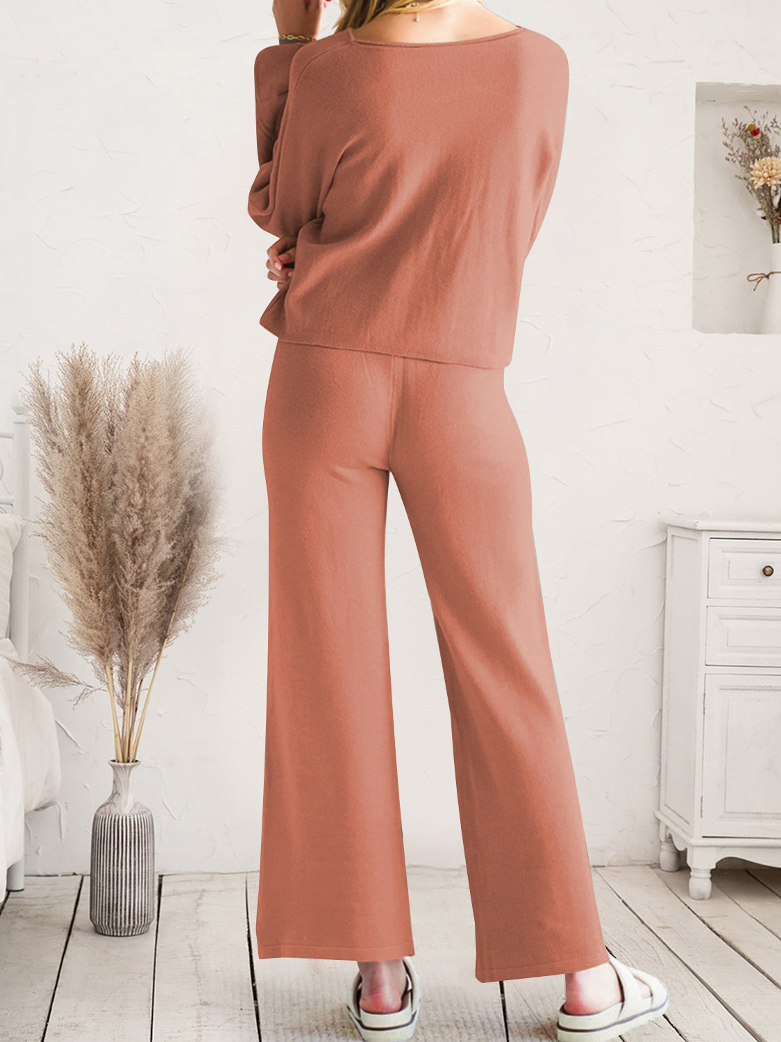 Long Sleeve Lounge Top and Drawstring Pants Set - The Boutie Shop