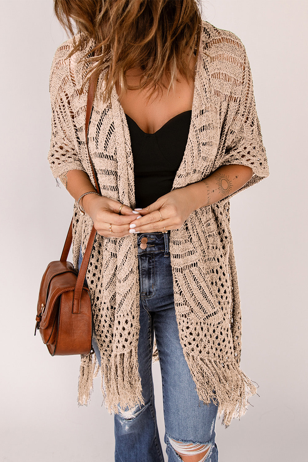 Openwork Open Front Cardigan with Fringes - The Boutie Shop