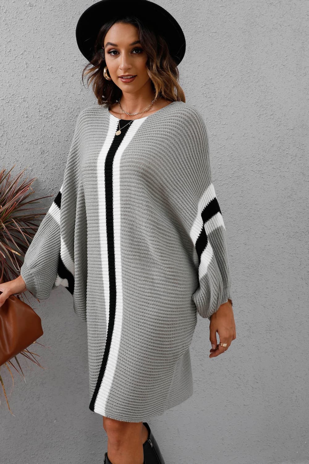 Ribbed Round Neck Long Sleeve Sweater Dress - The Boutie Shop