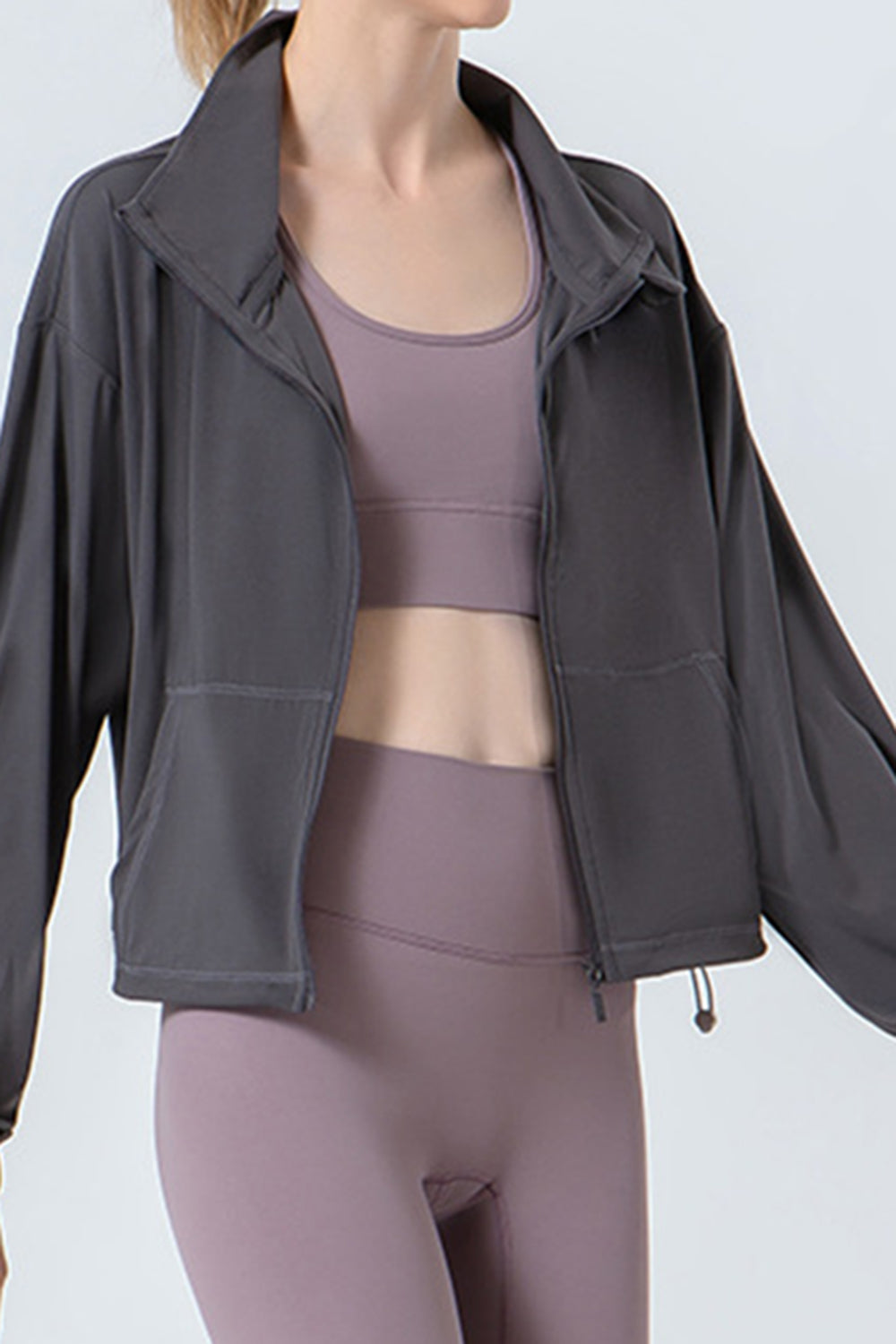 Drawstring Zip Up Dropped Shoulder Active Outerwear - The Boutie Shop