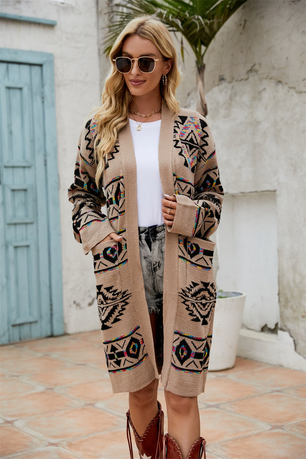 Angel Wings Pocketed Geometric Open Front Dropped Shoulder Cardigan - The Boutie Shop