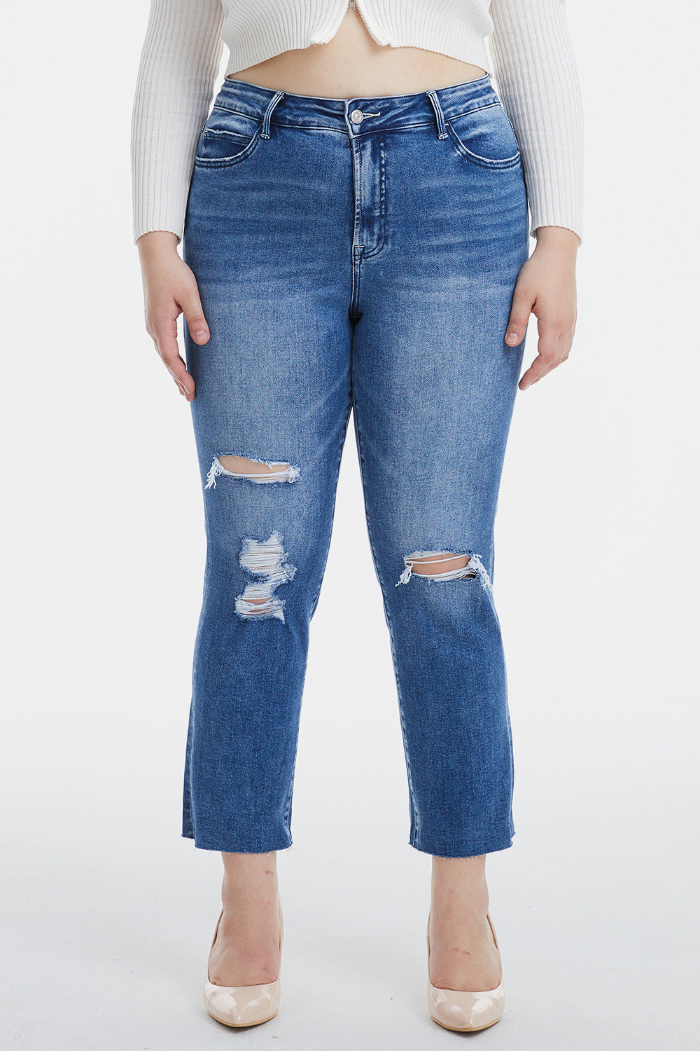 BAYEAS Full Size High Waist Distressed Cat's Whiskers Straight Jeans - The Boutie Shop