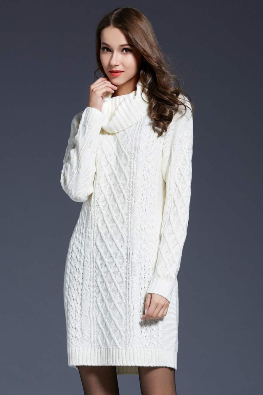 Woven Right Full Size Mixed Knit Cowl Neck Dropped Shoulder Sweater Dress - The Boutie Shop