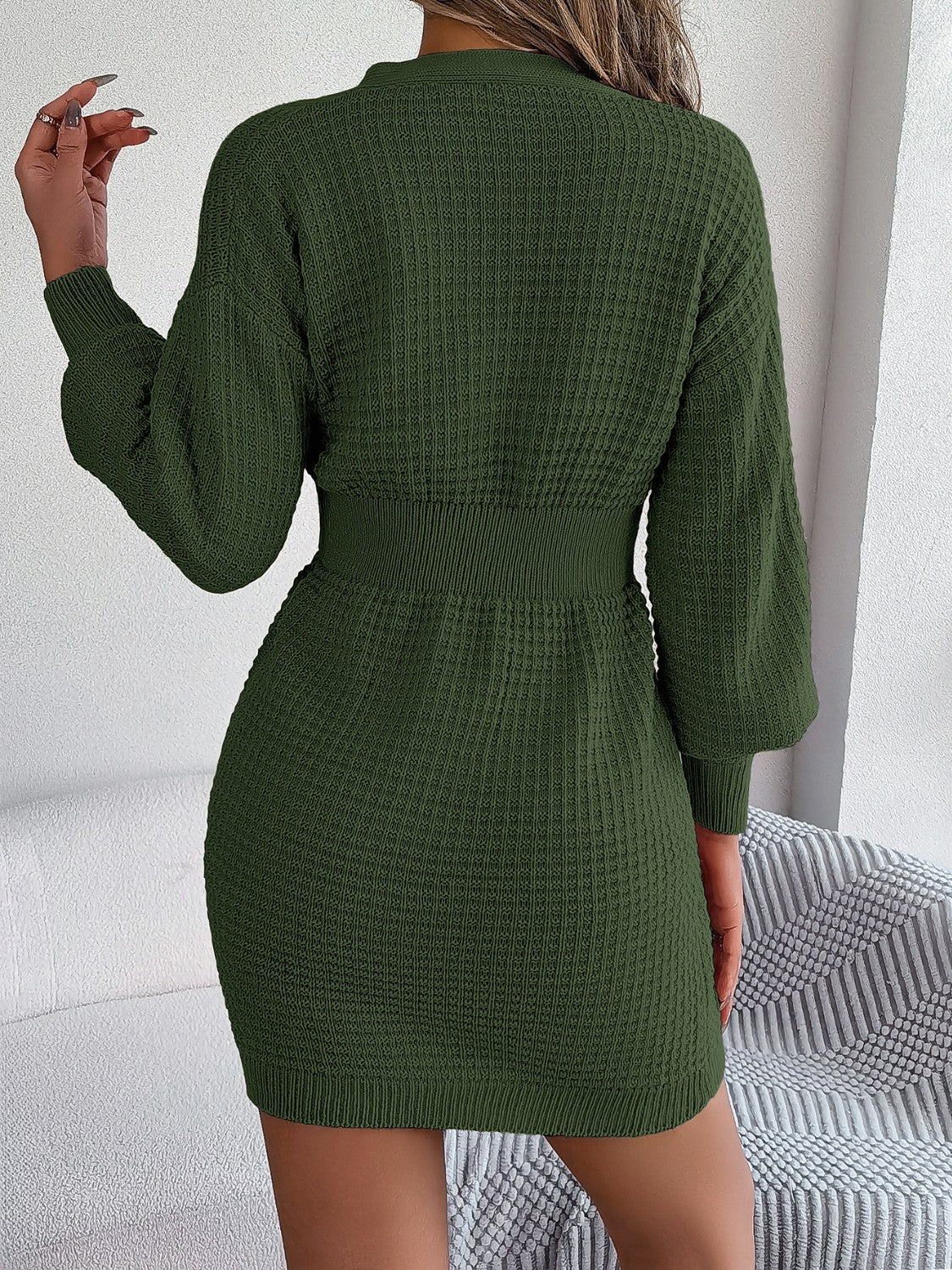 Buttoned Cable-Knit V-Neck Sweater Dress - The Boutie Shop