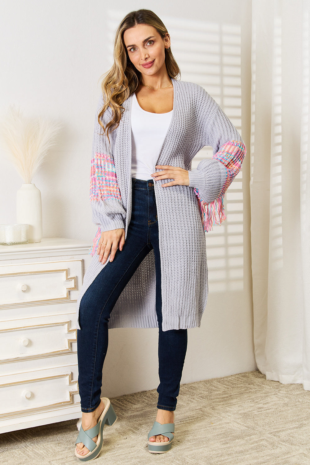 Woven Right Fringe Sleeve Dropped Shoulder Cardigan - The Boutie Shop