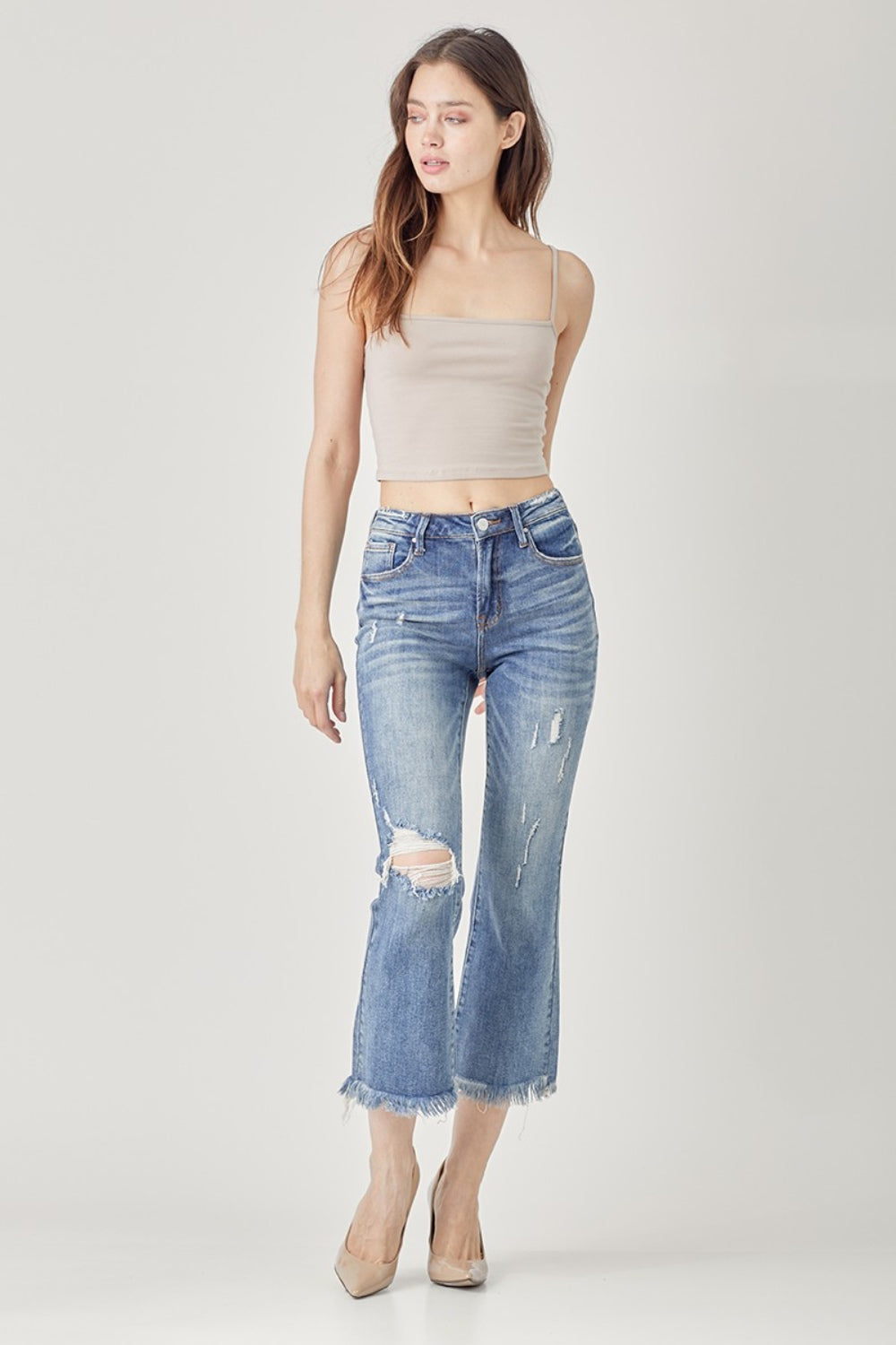 RISEN High Waist Distressed Cropped Bootcut Jeans - The Boutie Shop