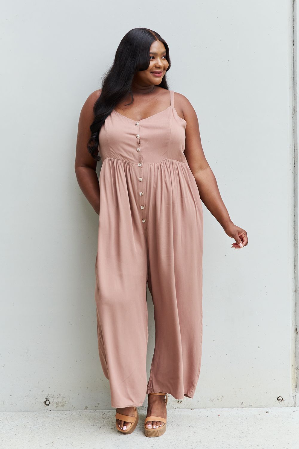 HEYSON All Day Full Size Wide Leg Button Down Jumpsuit in Mocha - The Boutie Shop