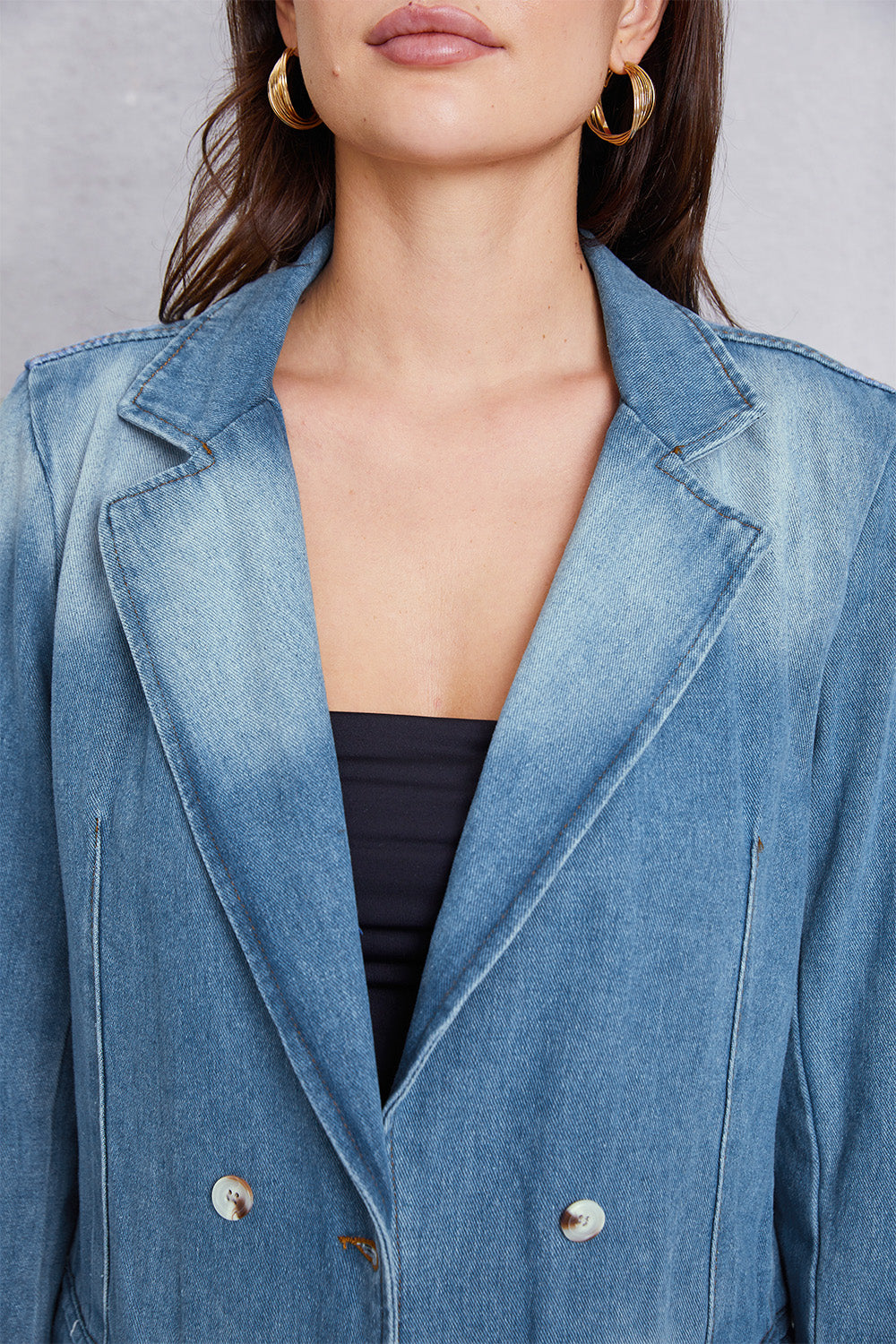 Lapel Collar Washed Denim Top - The Boutie Shop