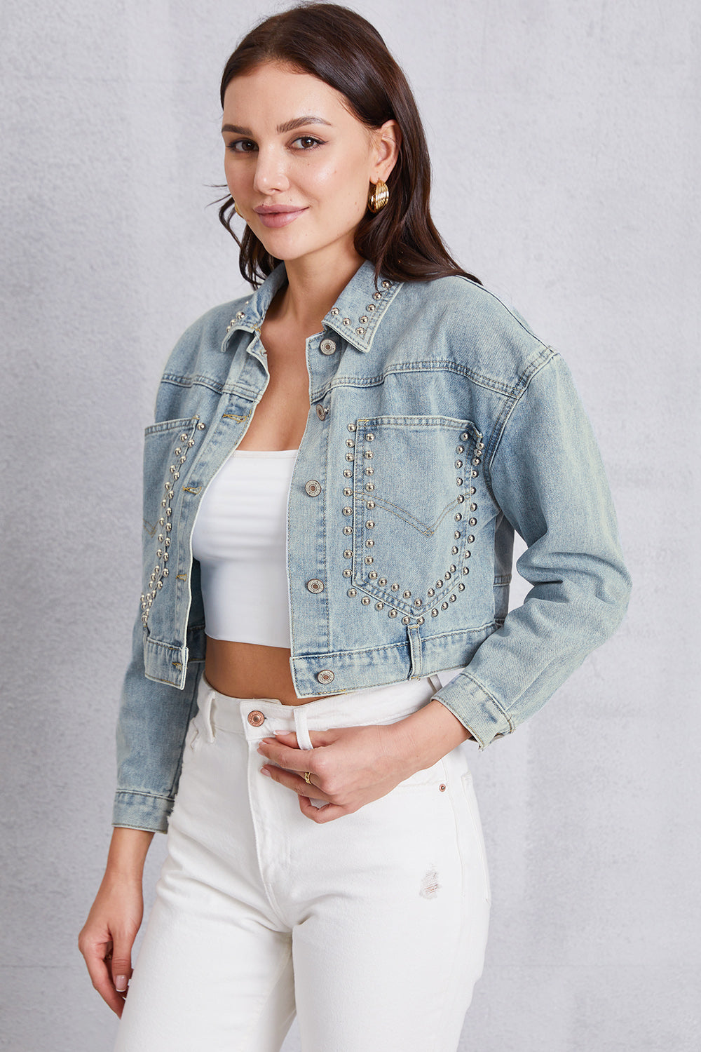 Studded Dropped Shoulder Denim Jacket - The Boutie Shop