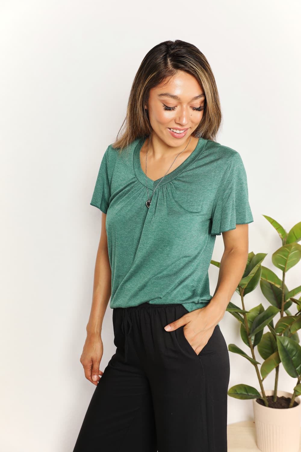 Double Take Ruched V-Neck Short Sleeve T-Shirt - The Boutie Shop