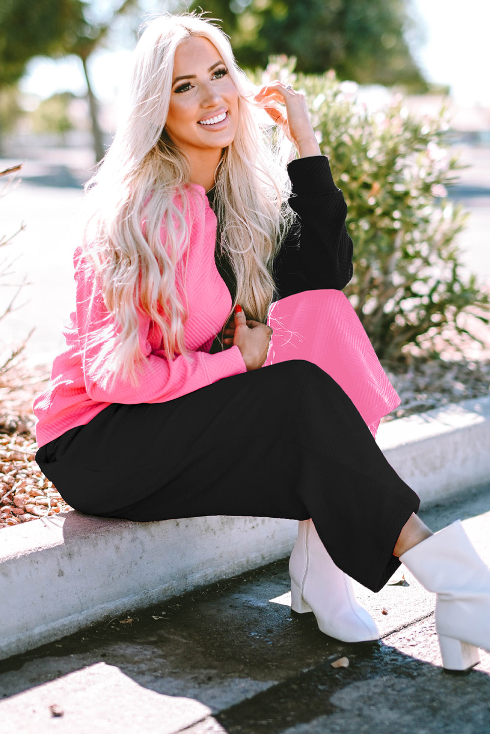 Color Block Round Neck Sweatshirt and Pants Set - The Boutie Shop