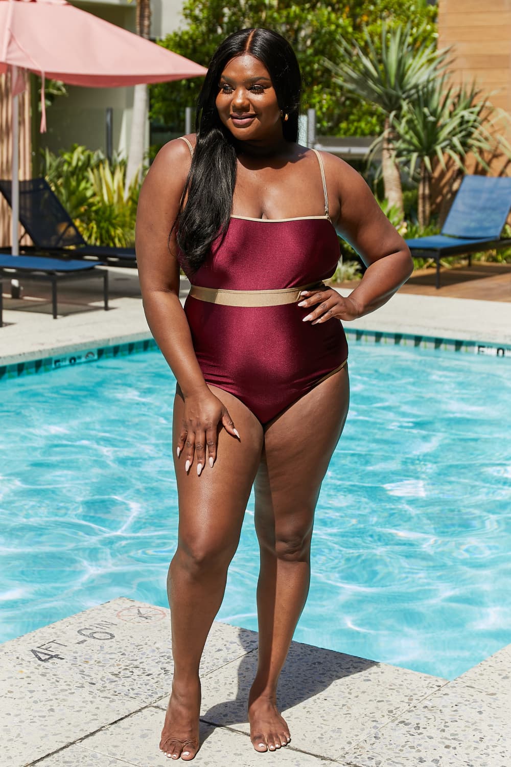 Marina West Swim Wave Break Contrast Trim One-Piece in Wine - The Boutie Shop