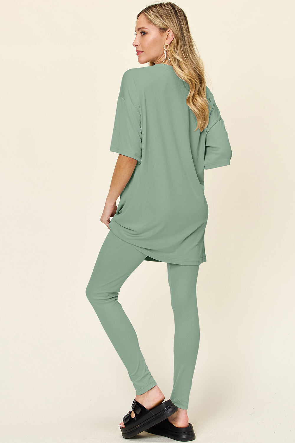 Double Take Full Size Round Neck Dropped Shoulder T-Shirt and Leggings Set - The Boutie Shop