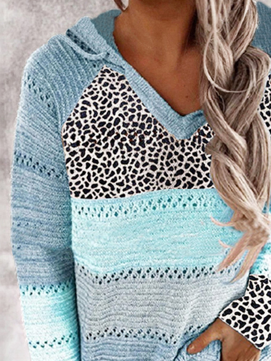 Full Size Openwork Leopard Drawstring Hooded Sweater - The Boutie Shop