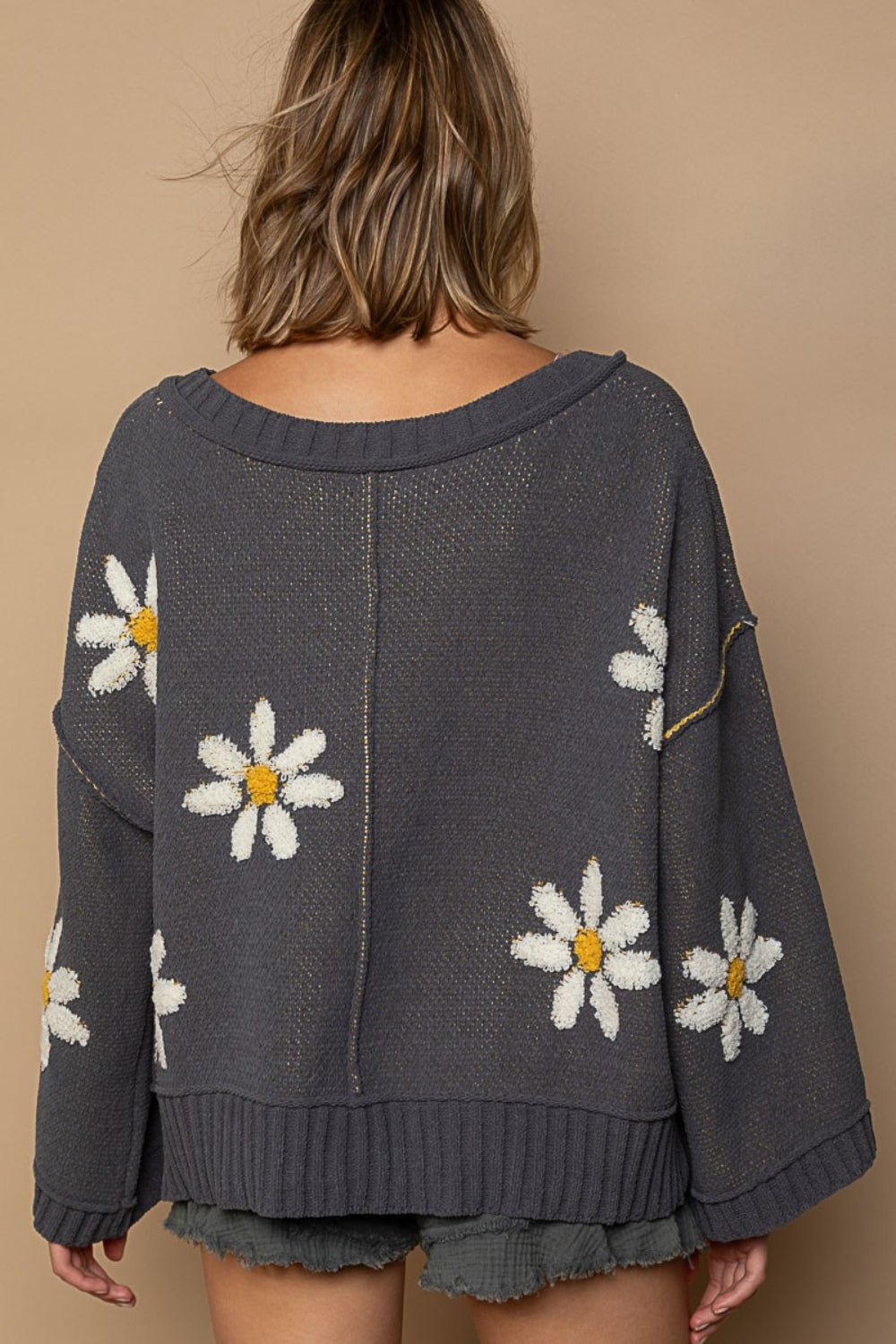 POL V-Neck Floral Pattern Chenille Sweater - The Boutie Shop