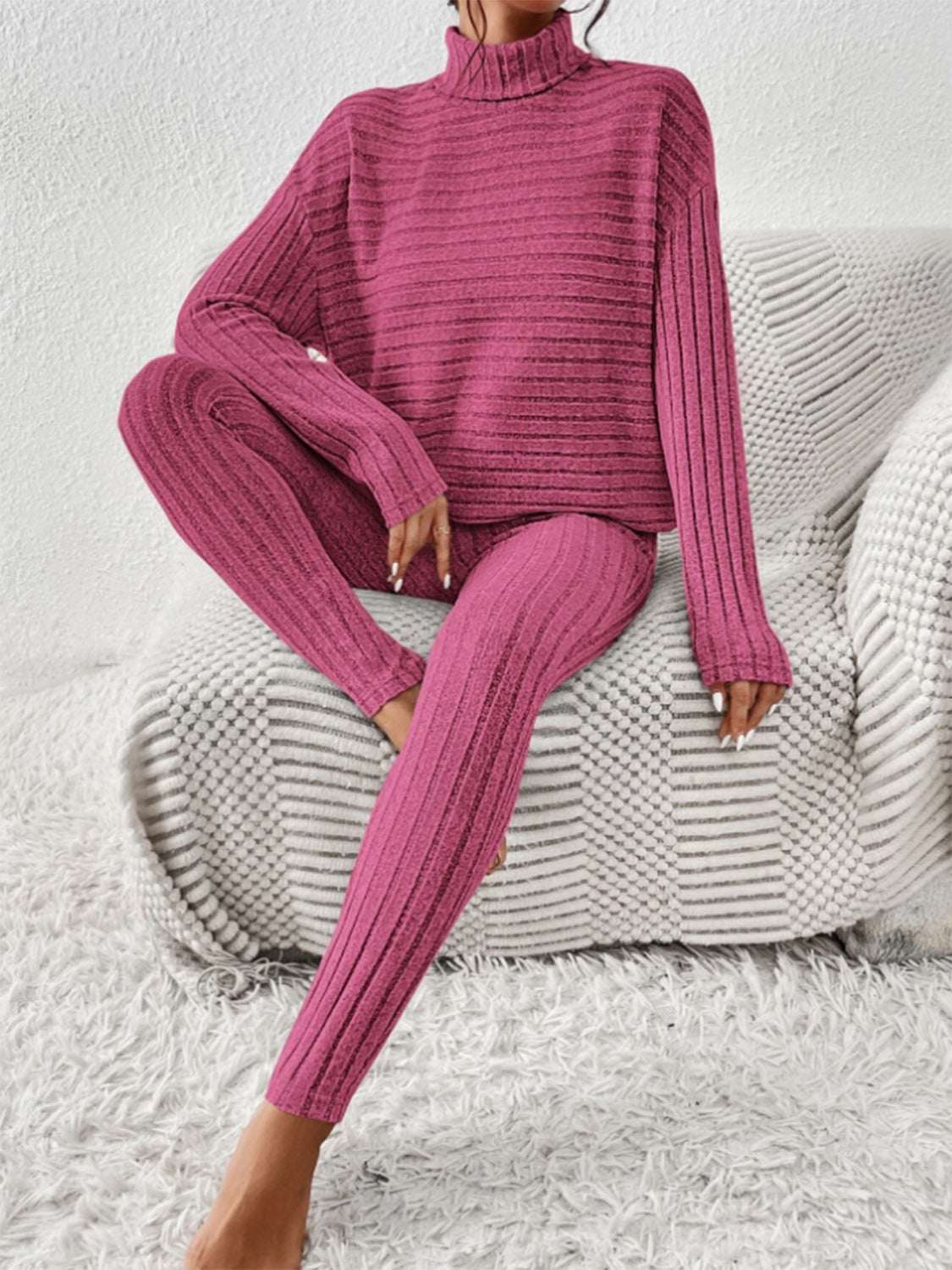 Ribbed Turtleneck Top and Pants Set - The Boutie Shop