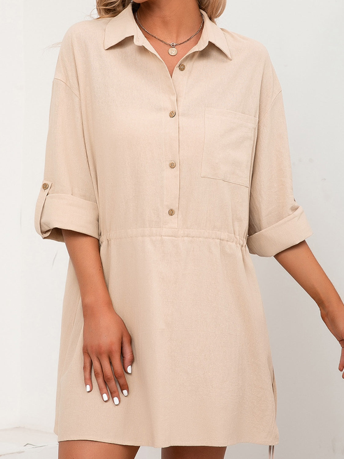 Ivy Lane Drawstring Half Button Roll-Tab Sleeve Dress - The Boutie Shop