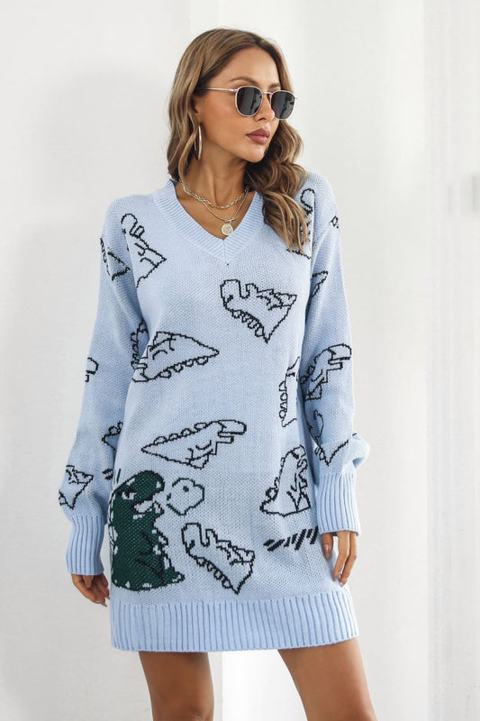 Dinosaur Pattern V-Neck Sweater Dress - The Boutie Shop