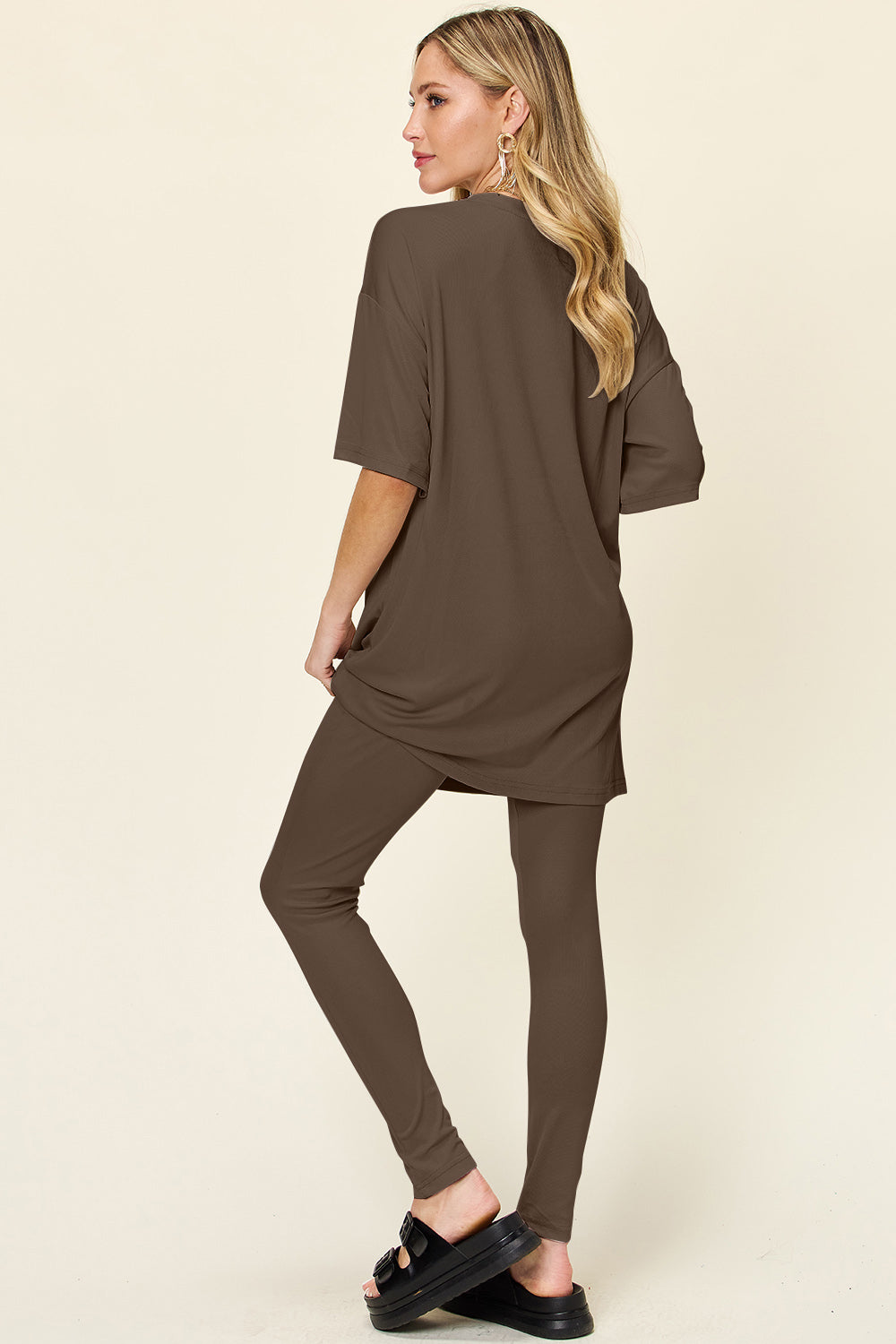 Double Take Full Size Round Neck Dropped Shoulder T-Shirt and Leggings Set - The Boutie Shop