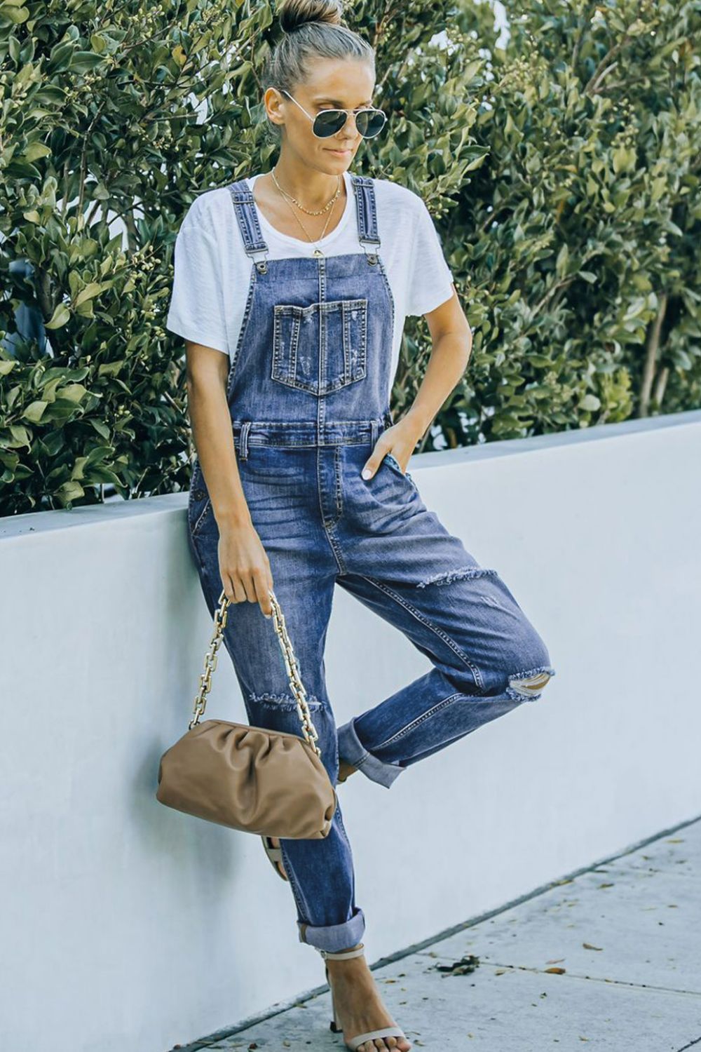 Pocketed Distressed Denim Overalls - The Boutie Shop