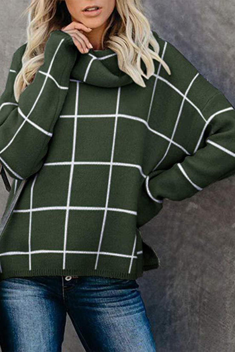 Angel Wings Plaid Turtleneck Drop Shoulder Sweater - The Boutie Shop