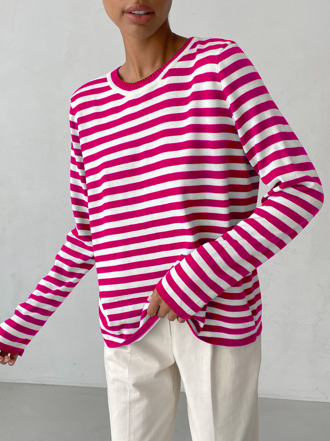 Striped Round Neck Long Sleeve Sweater - The Boutie Shop