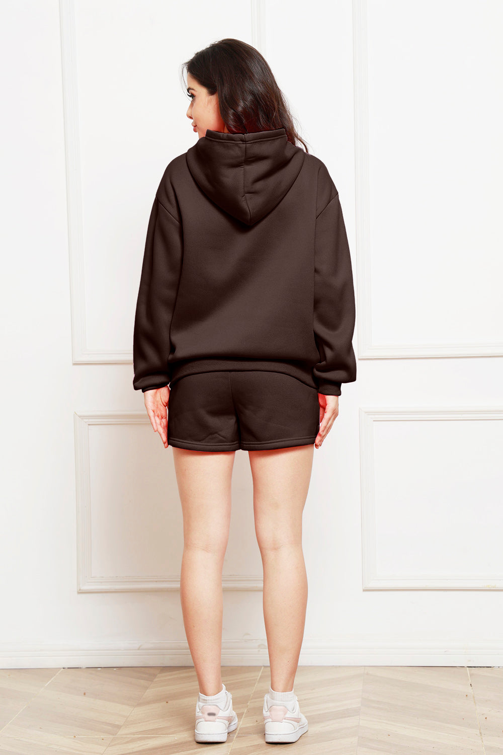 Drop Shoulder Long Sleeve Hoodie and Shorts Set - The Boutie Shop