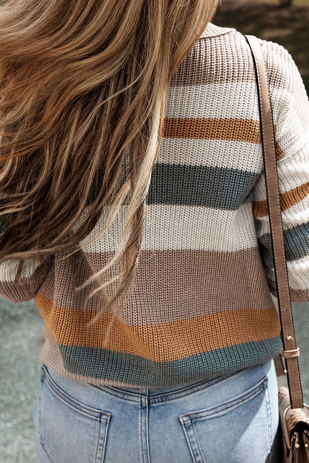 Striped Round Neck Dropped Shoulder Sweater - The Boutie Shop