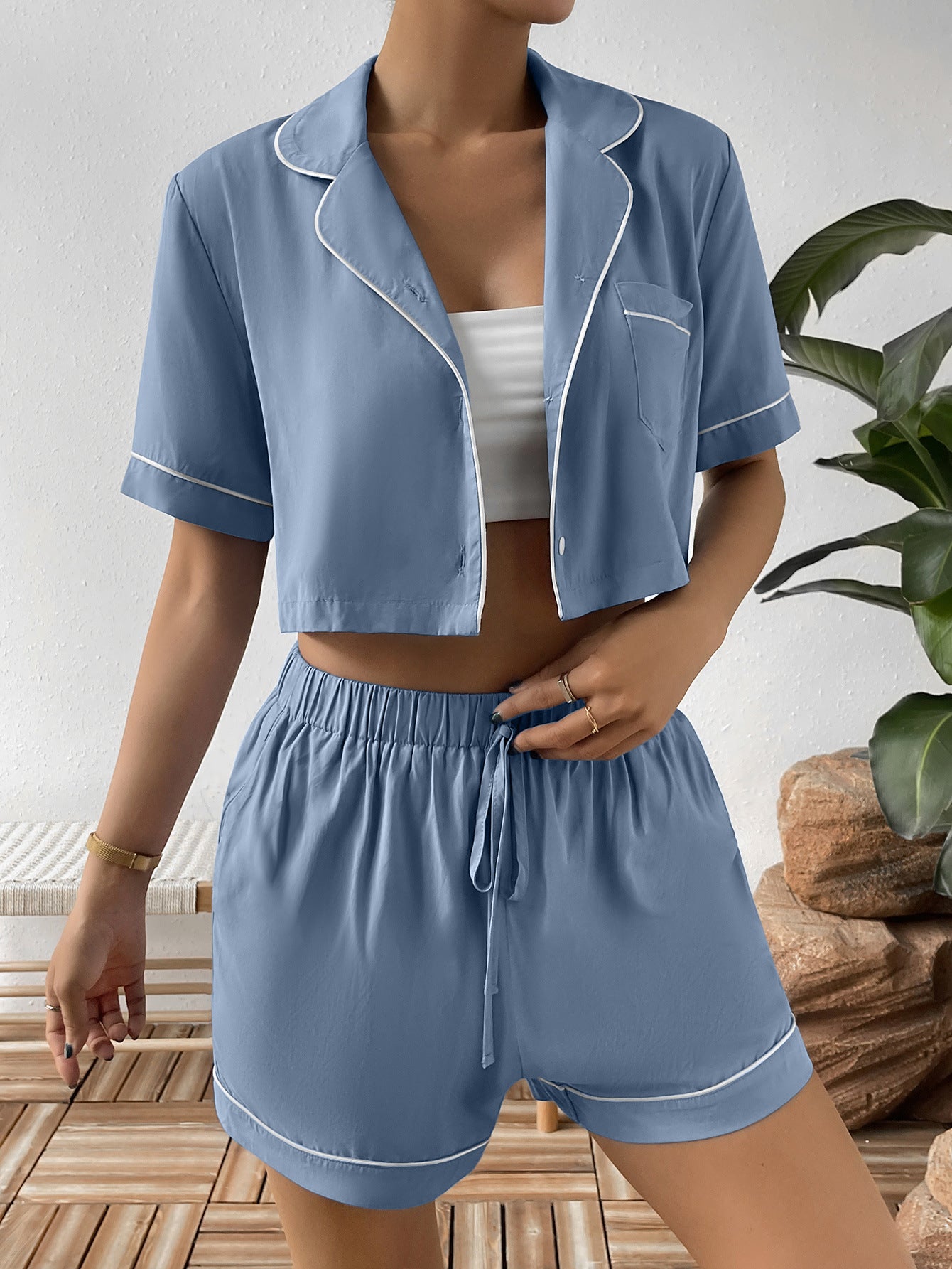 Ivy Lane Contrast Lapel Collar Cropped Shirt and Shorts Lounge Set - The Boutie Shop