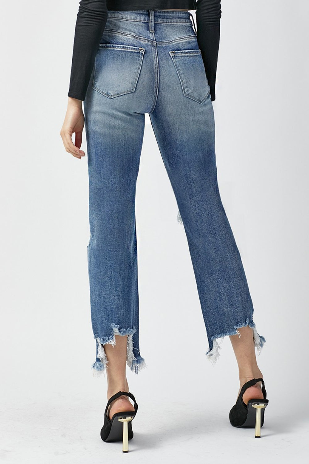 RISEN High Waist Distressed Frayed Hem Cropped Straight Jeans - The Boutie Shop