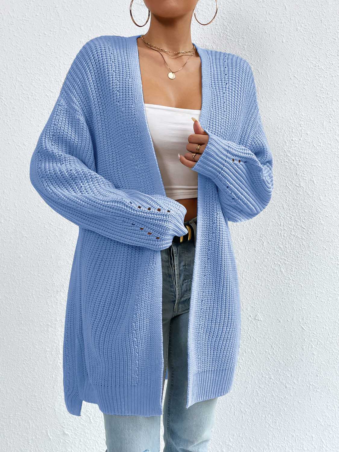 Open Front Dropped Shoulder Slit Cardigan - The Boutie Shop