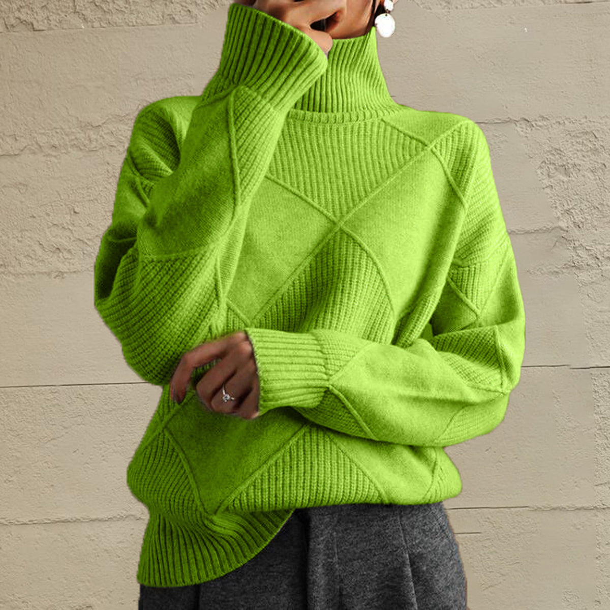 Geometric Turtleneck Long Sleeve Sweater - The Boutie Shop