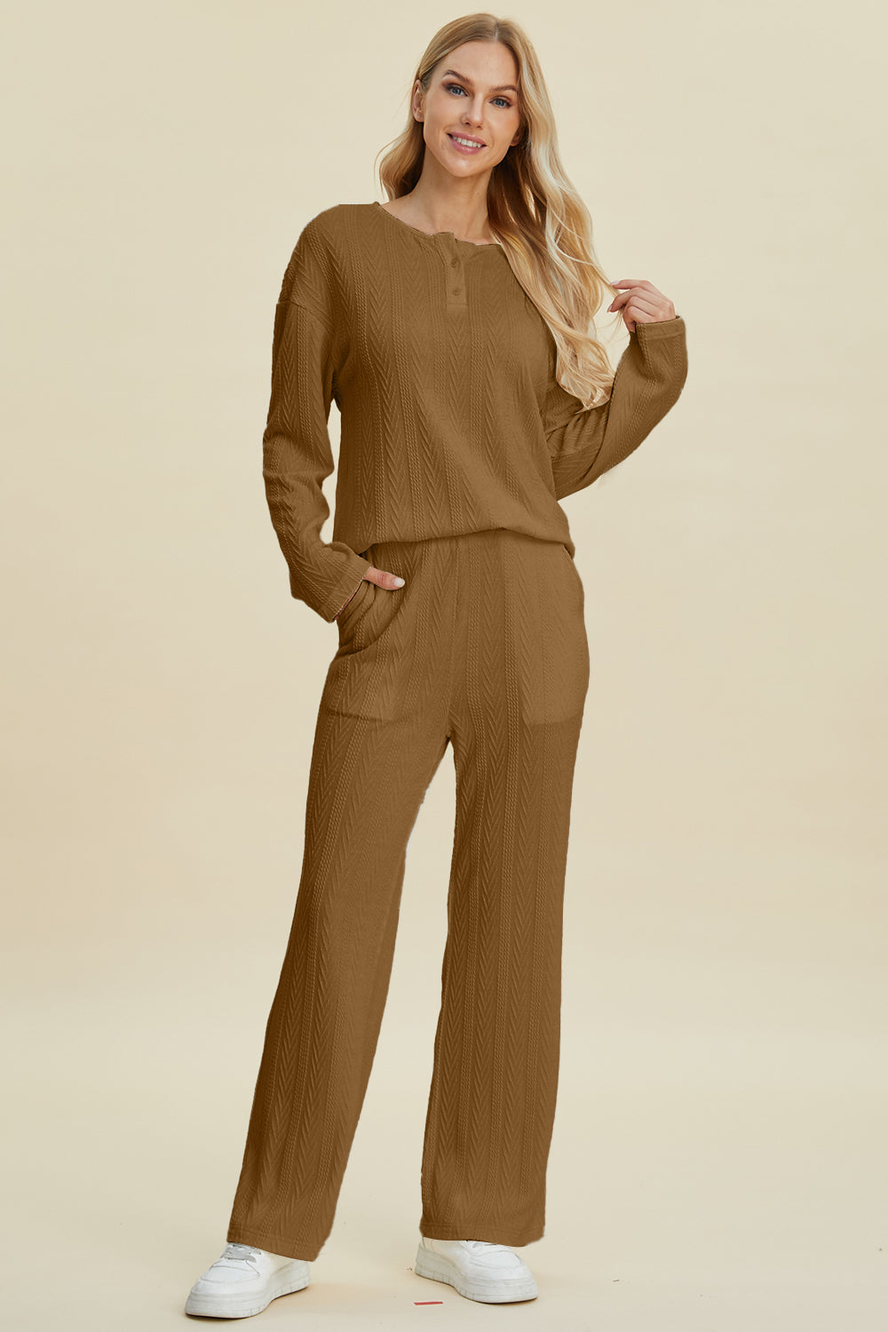 Double Take Full Size Cable-Knit Long Sleeve Top and Pants Set - The Boutie Shop