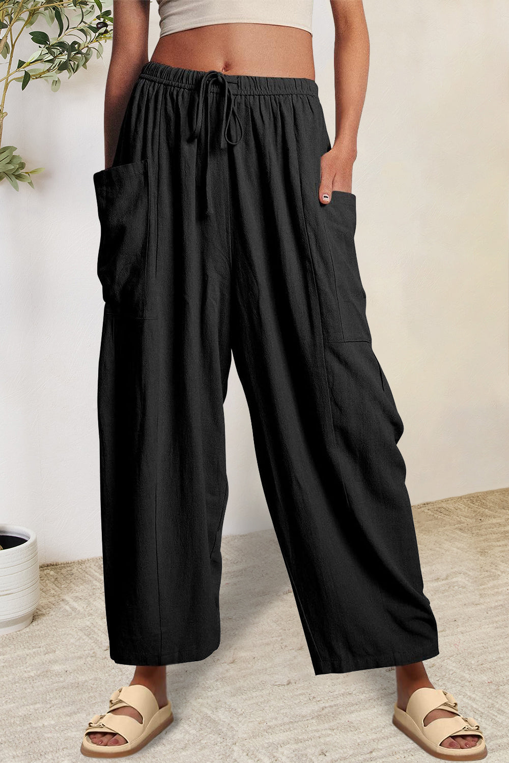 Full Size Pocketed Drawstring Wide Leg Pants - The Boutie Shop