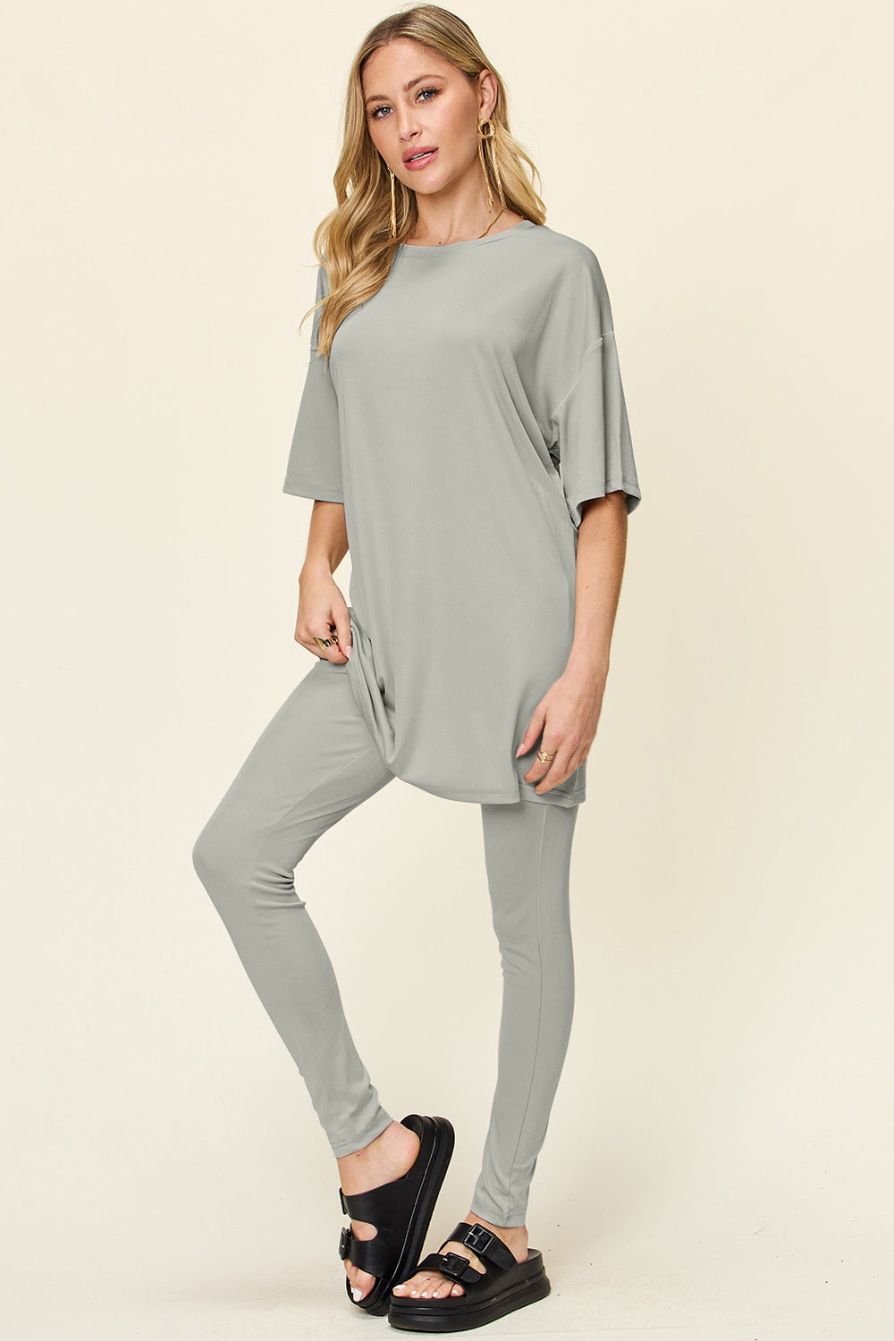 Double Take Full Size Round Neck Dropped Shoulder T-Shirt and Leggings Set - The Boutie Shop