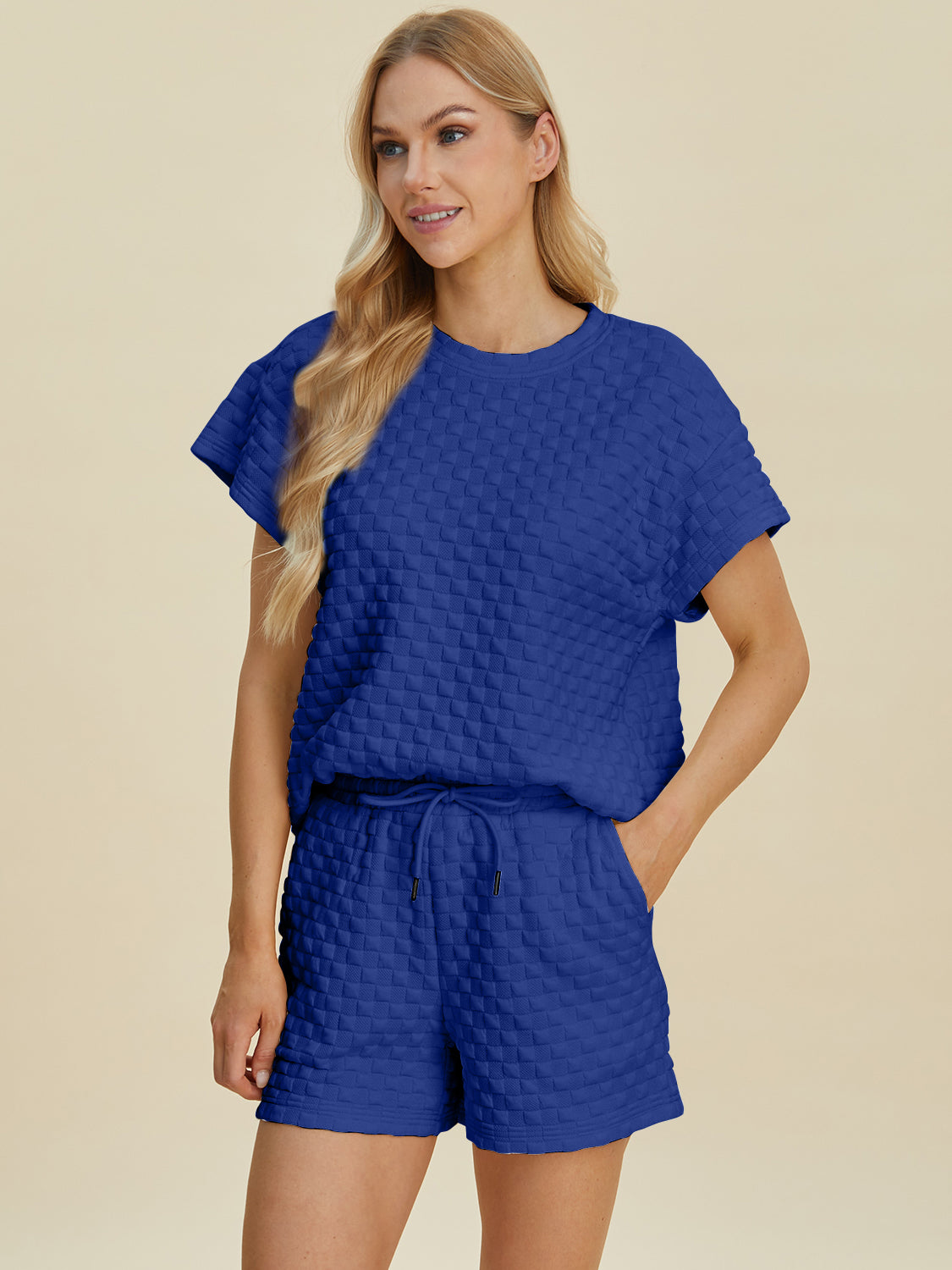 Double Take Full Size Texture T-Shirt and Shorts Set - The Boutie Shop