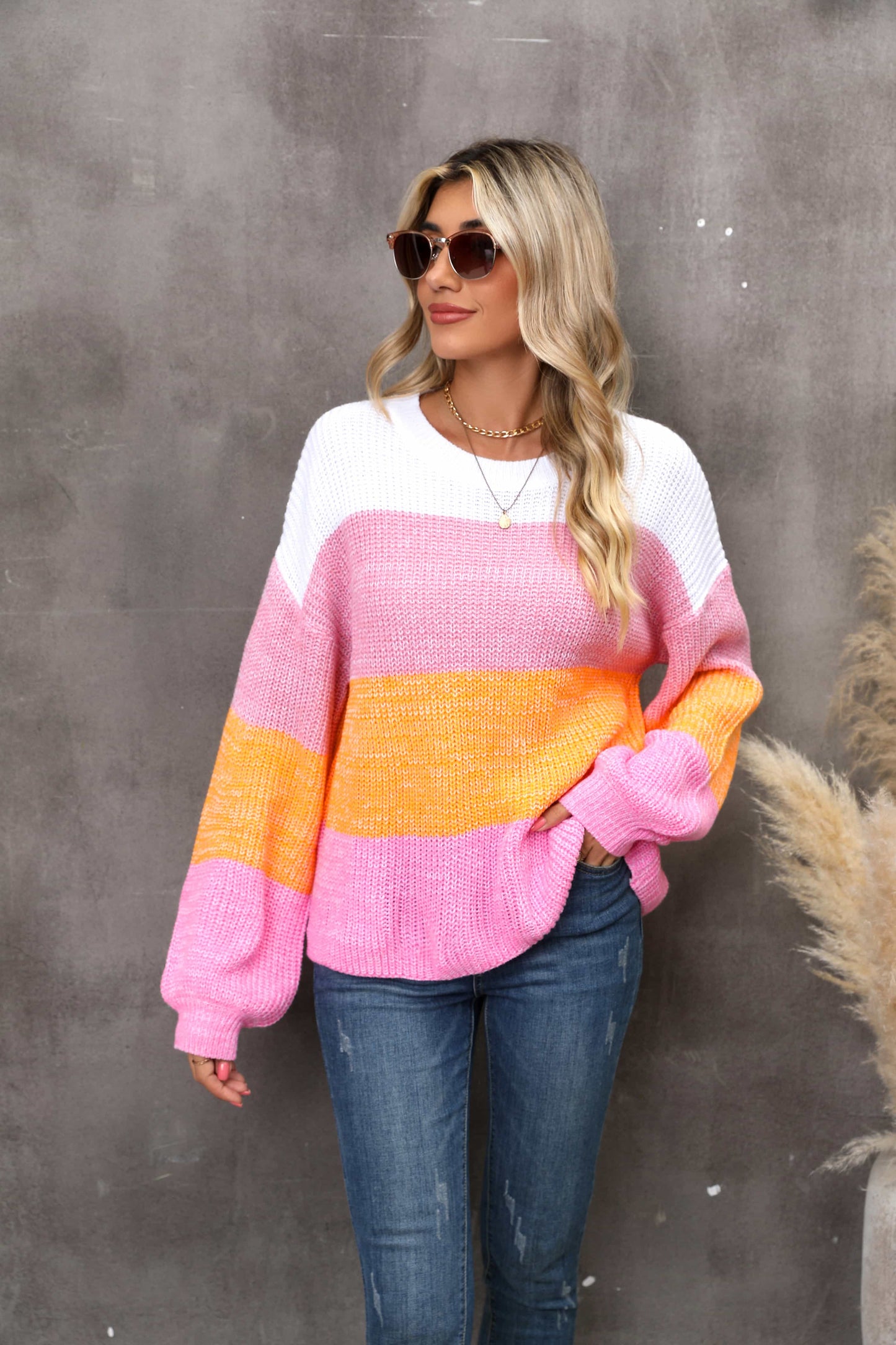 Angel Wings Color Block Round Neck Dropped Shoulder Sweater - The Boutie Shop