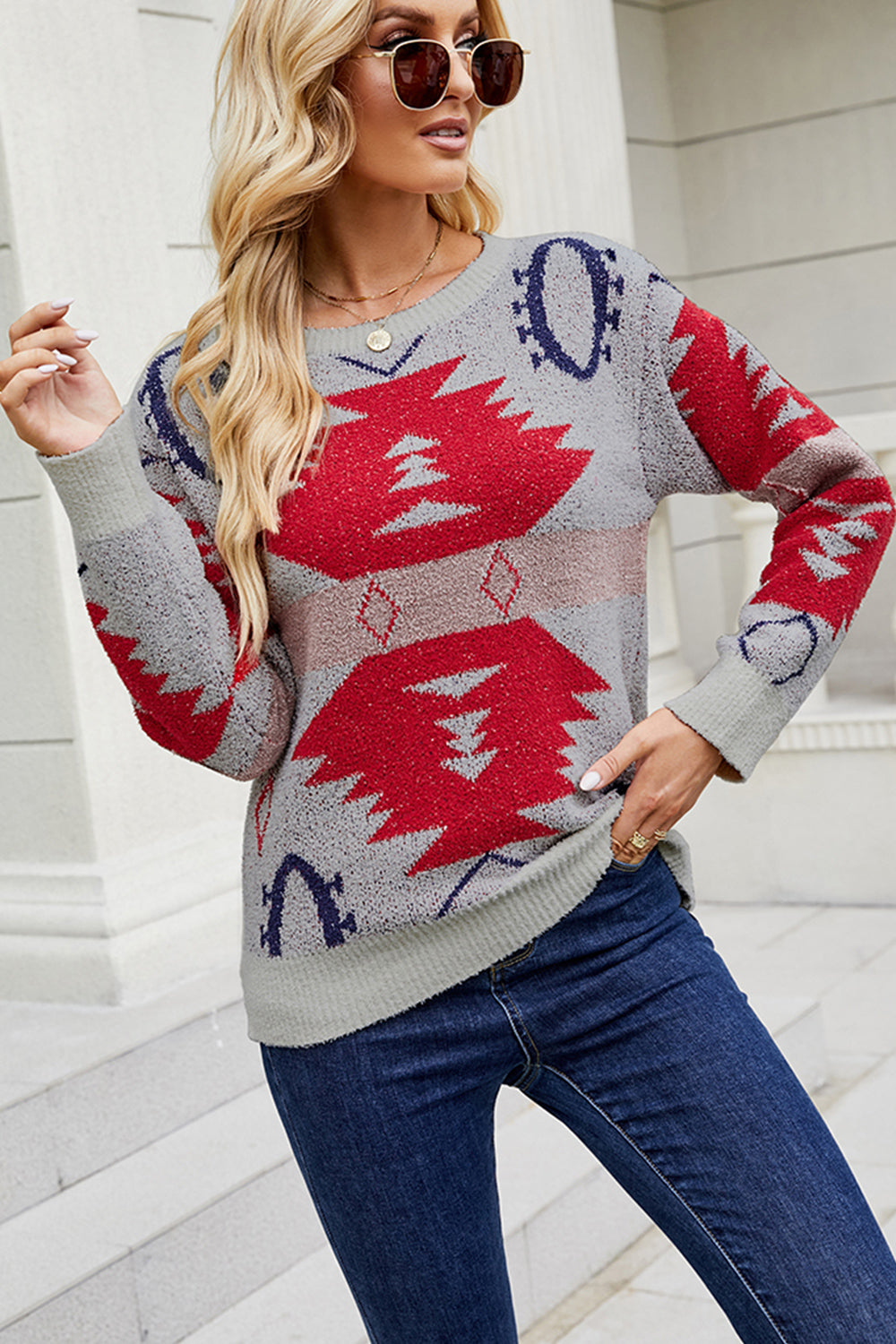 Printed Round Neck Long Sleeve Sweater - The Boutie Shop