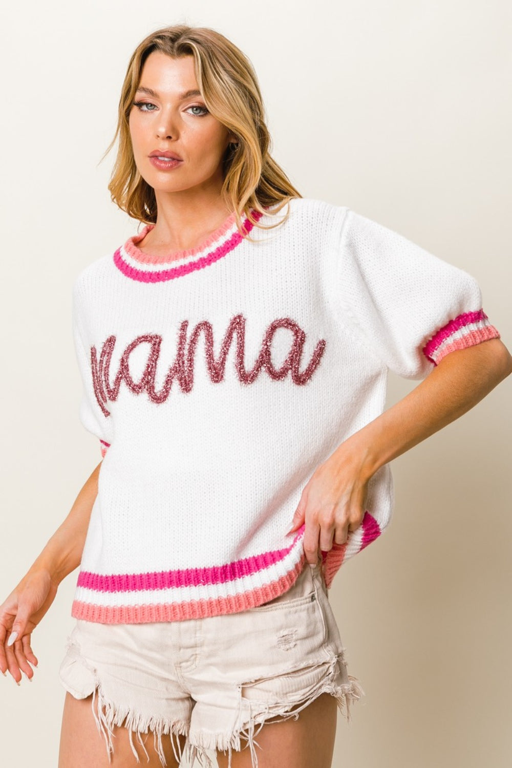 BiBi MAMA Contrast Trim Short Sleeve Sweater - The Boutie Shop