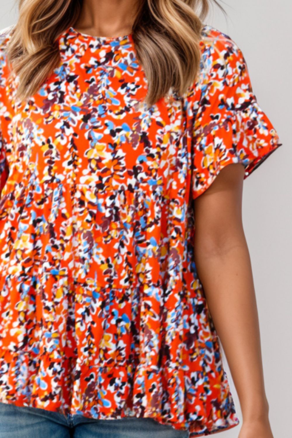 Plus Size Floral Round Neck Tiered Blouse - The Boutie Shop