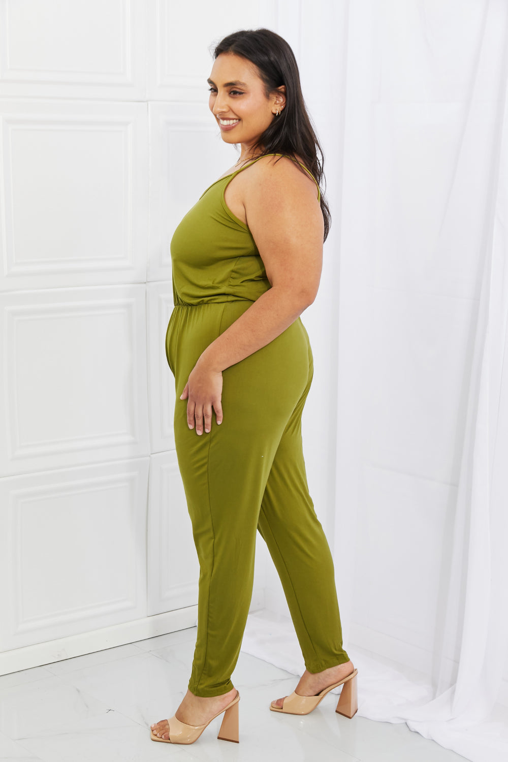 Capella Comfy Casual Full Size Solid Elastic Waistband Jumpsuit in Chartreuse - The Boutie Shop