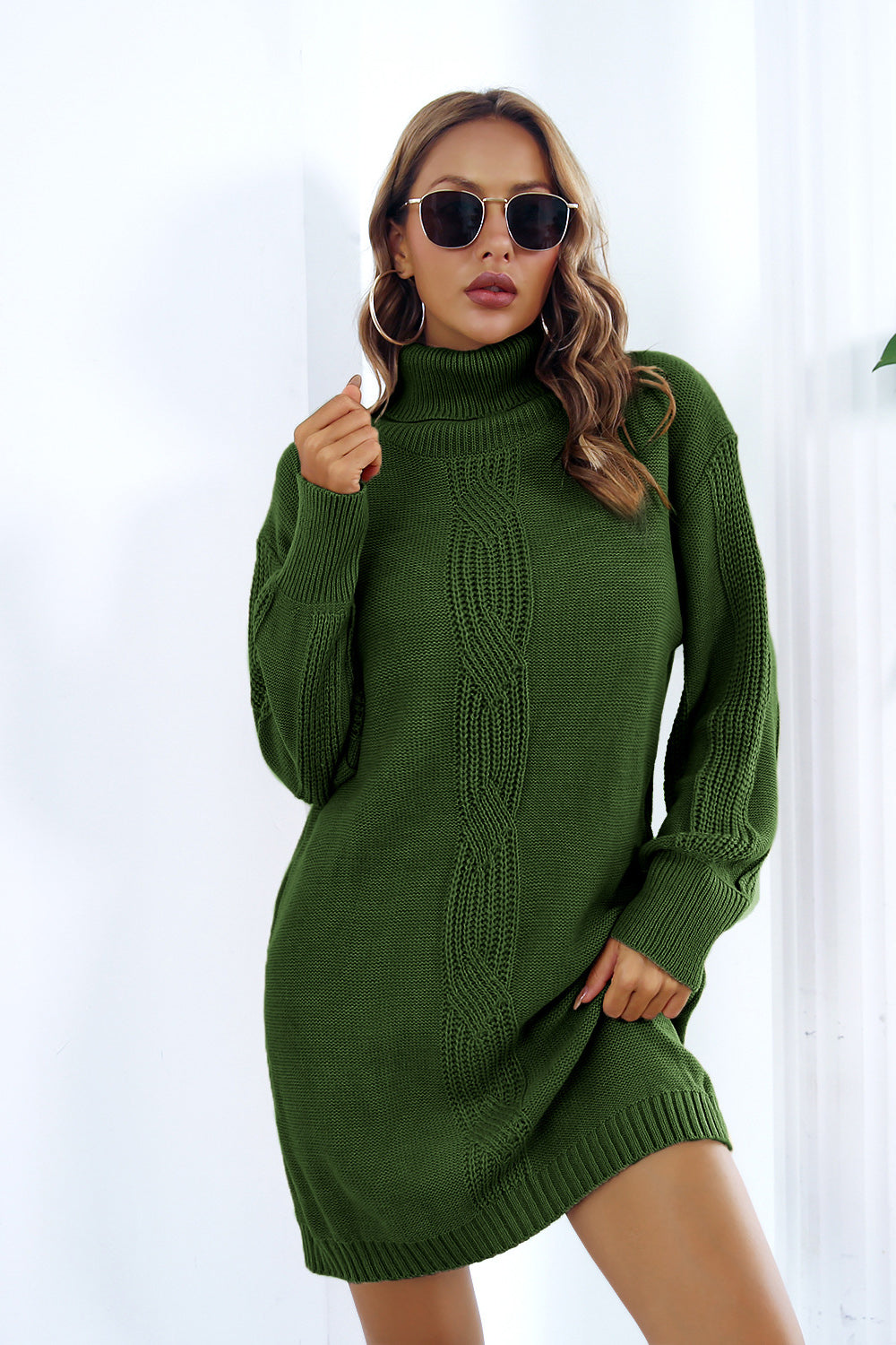 Openwork Turtleneck Long Sleeve Sweater Dress - The Boutie Shop