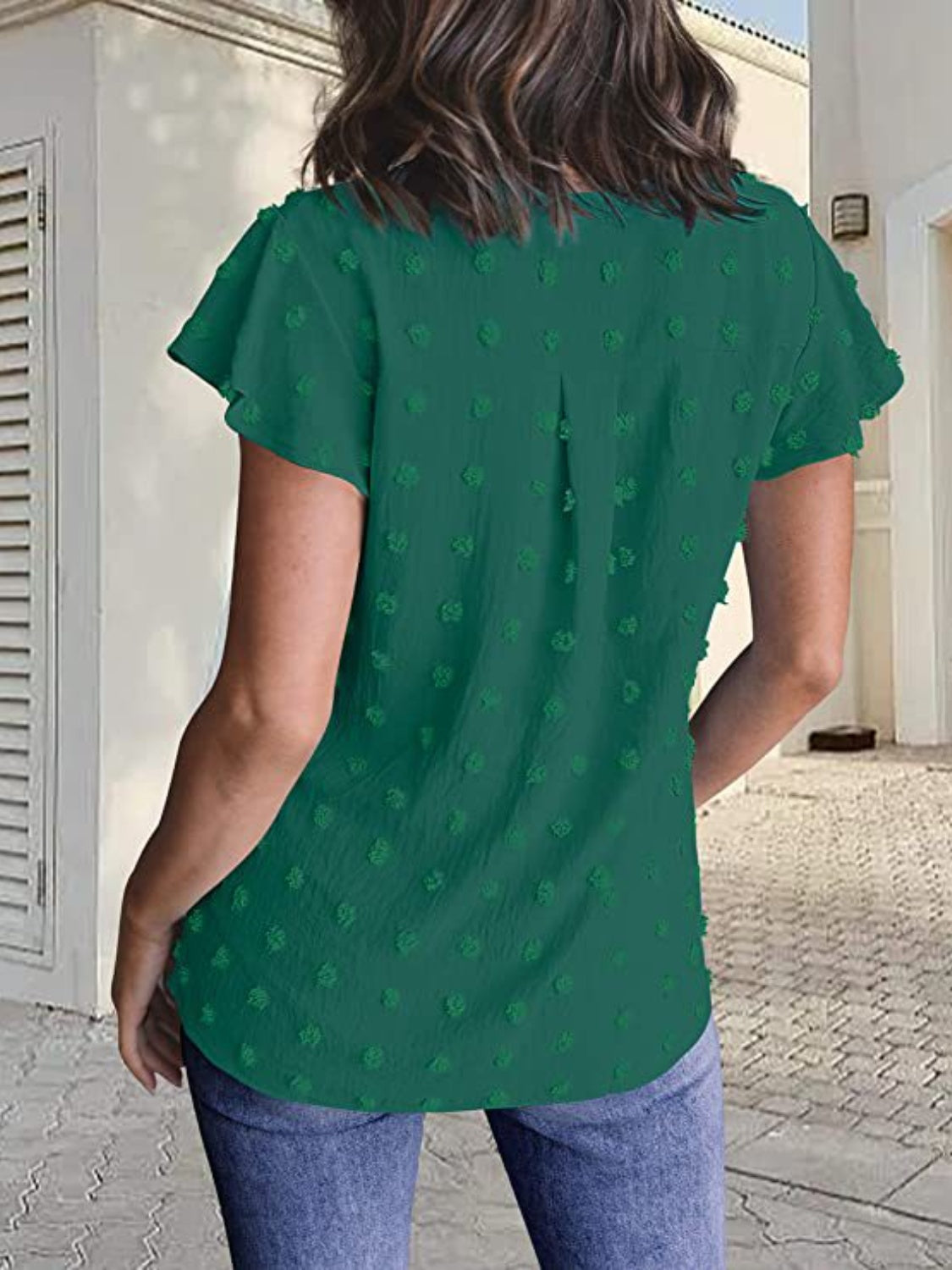 Swiss Dot Notched Cap Sleeve Blouse - The Boutie Shop