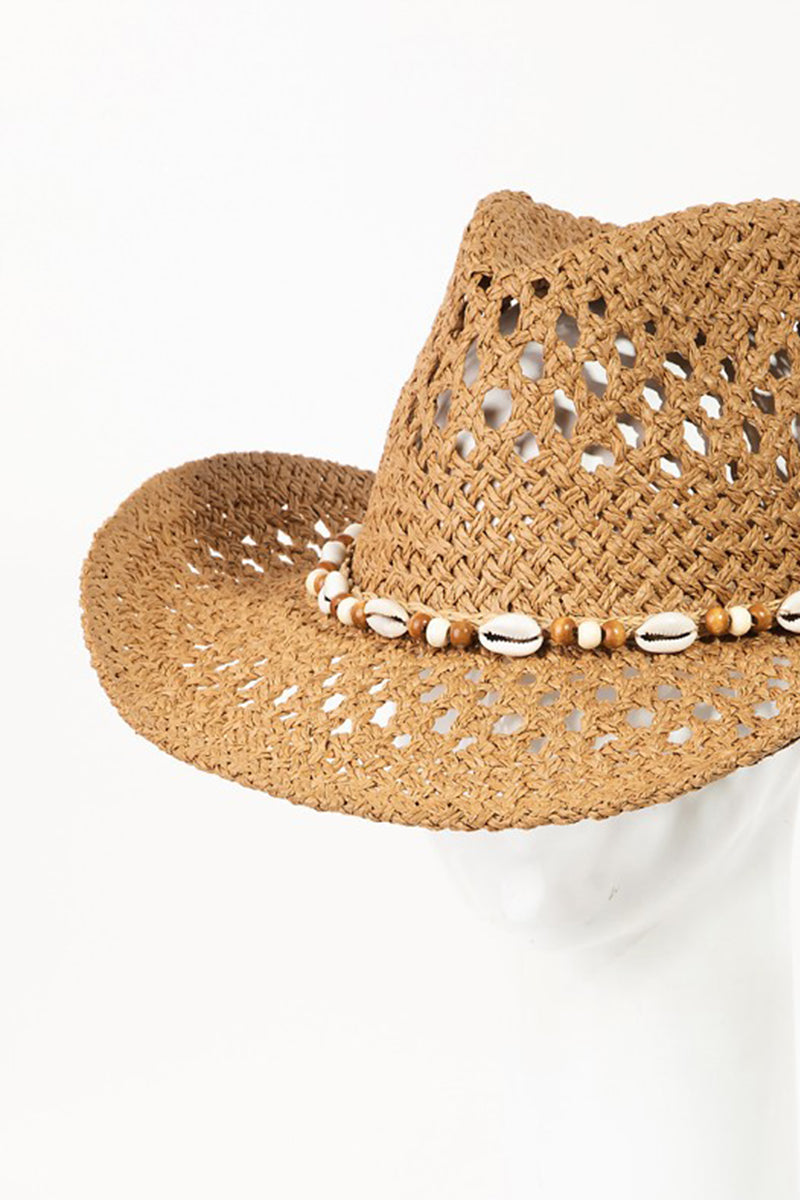 Fame Cowrie Shell Beaded String Straw Hat - The Boutie Shop