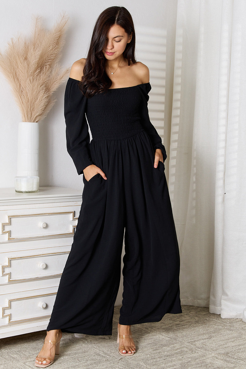 Double Take Square Neck Jumpsuit with Pockets - The Boutie Shop