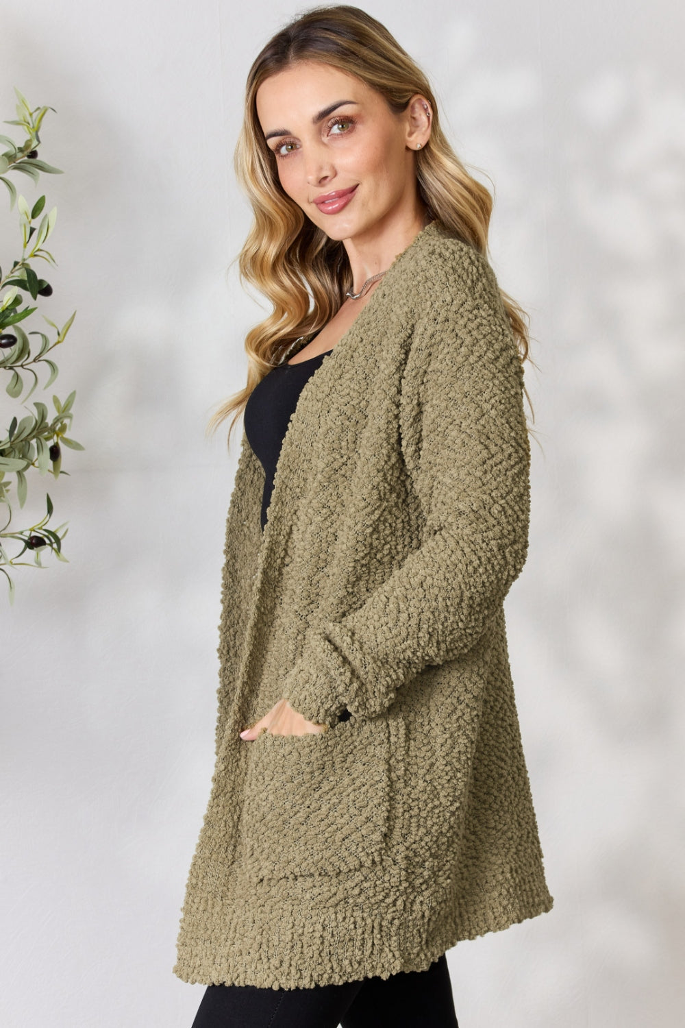 Zenana Falling For You Full Size Open Front Popcorn Cardigan - The Boutie Shop