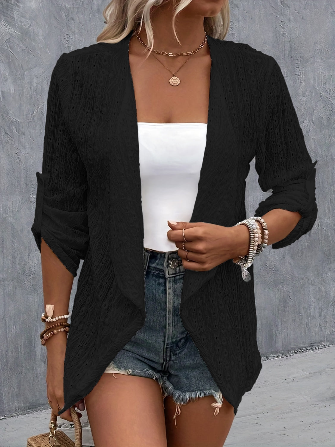 Eyelet Roll-Tab Sleeve Cardigan - The Boutie Shop