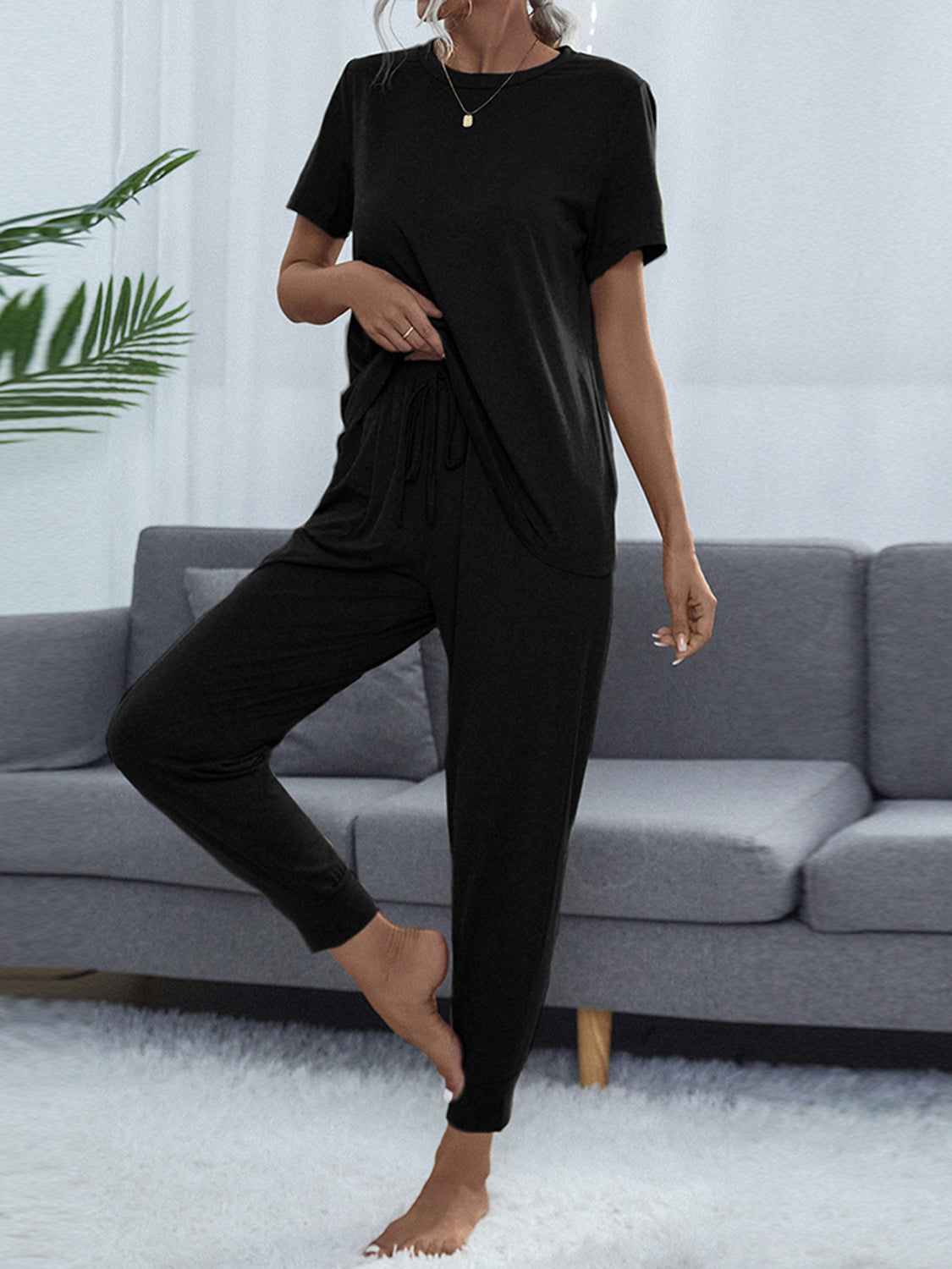 Shiny Round Neck Short Sleeve Top and Pants Set - The Boutie Shop